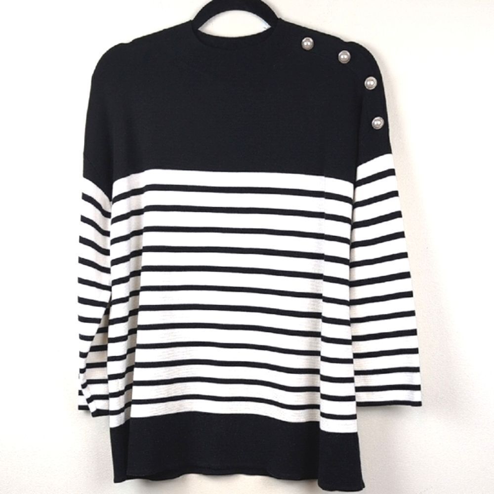 Talbot's Mock Neck Striped Black and White Pearl Button-Shoulder Sweater Size XL